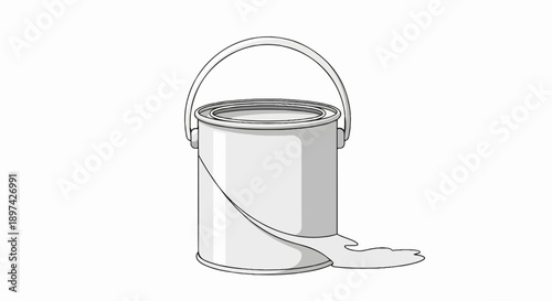 A simple line drawing of a grey paint can with its contents spilled on the right