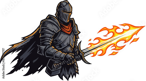Fierce knight in dark armor wields a flaming sword
