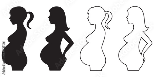 Pregnant Woman Icon Set Black and White Pregnancy Symbol Expecting Mother Holding Belly Vector 
Illustration Isolated on White Background