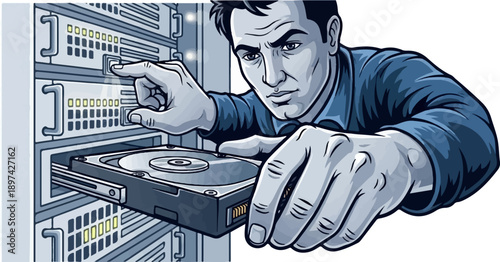 A man intently works on a server, installing a hard drive