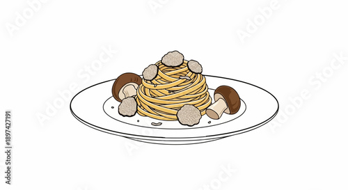 A plate of tagliatelle pasta with sliced mushrooms and truffle shavings