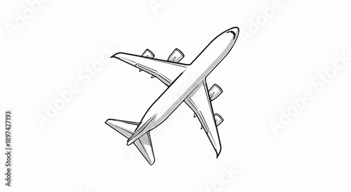 A top-down sketch of a modern passenger jet, with bold outlines and shaded grey details
