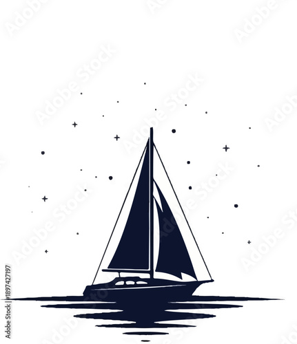Silhouette of a sailing boat with sails up on calm water under a starry sky