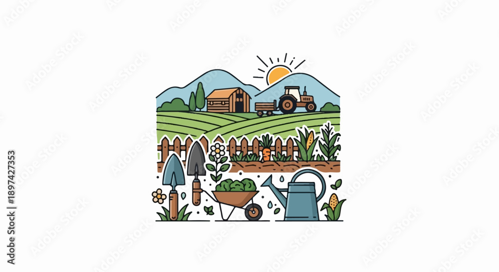 Obraz premium Farm landscape with tractor, barn, crops, and gardening tools under a rising sun