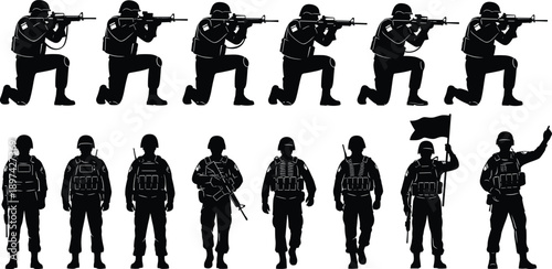 Collection of Detailed Black Silhouettes Featuring Modern Soldiers in Various Tactical Poses Including Kneeling Standing and Marching for Military and Defense Graphic Designs