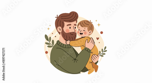 A loving dad embraces his smiling child, surrounded by warm tones and charming decorative elements