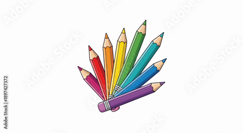 A vibrant fanned arrangement of colored pencils with sharpened tips, on a white background