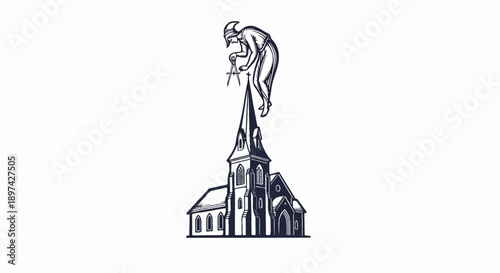 Ancient figure with compass measures a church spire