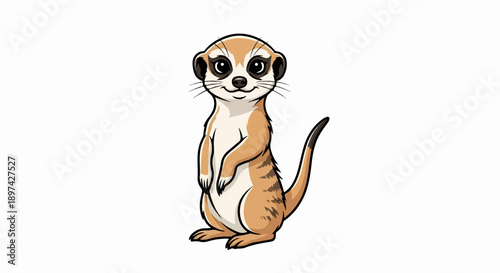 A cute cartoon meerkat stands upright with a cheerful expression and striped fur
