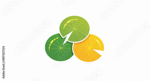 Three stylized, circular lily pads in vibrant green and yellow hues, overlapping on a white background