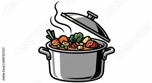 Hearty stew steaming in an open pot with carrots, peas, meat, and greens