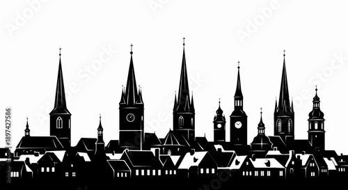 Silhouette of a historic cityscape with multiple church spires and varied rooftops