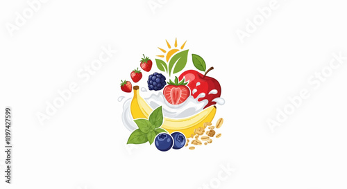 A vibrant swirl of fruits and yogurt, with a sun and leaves above