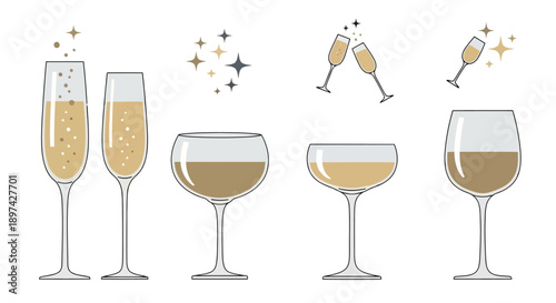 Minimalist vector illustration of festive champagne wine and cocktail glasses EPS10 Stock.eps