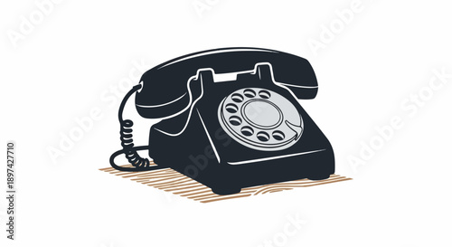 Retro rotary dial telephone on a striped mat, illustrative style