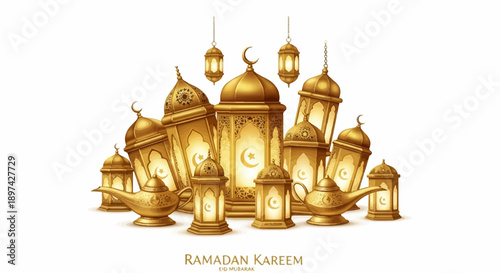 Golden ornate lanterns and lamps adorned with crescent moons, illuminated by warm light