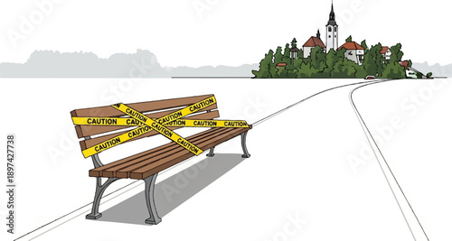 A park bench is roped off with caution tape, leading to a scenic village