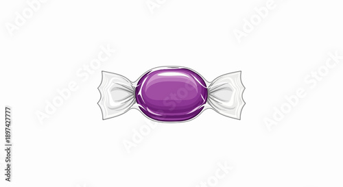 A single, oval-shaped, glossy purple candy wrapped in shiny, white, crinkled paper