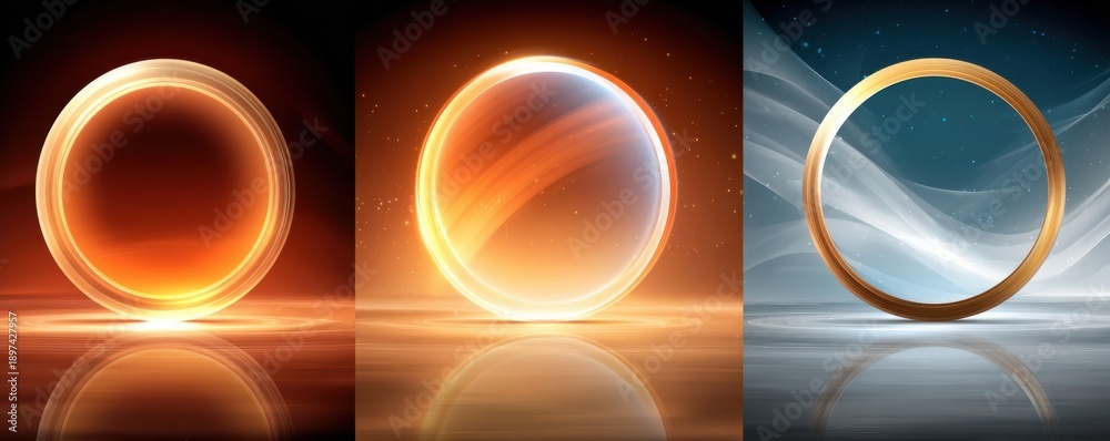 Fototapeta premium Three glowing golden rings sit on a reflective surface in a warm, futuristic background with radiant halos