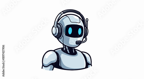 Futuristic AI assistant with headset and microphone, glowing blue eyes, white body