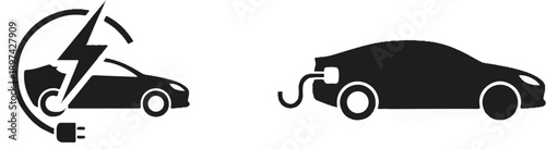 Two silhouette icons depict electric cars one charging and one about to charge with a plug