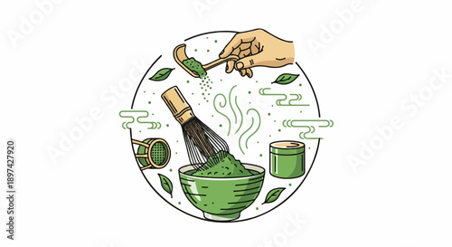 Hand preparing green matcha powder in a bowl with bamboo whisk, sift, and container