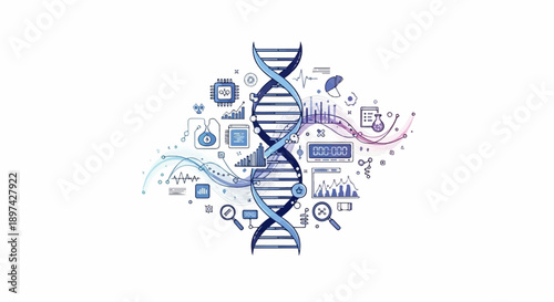 DNA helix intertwined with scientific data visualization and research tools