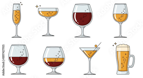 Set of Diverse Alcoholic Drinks and Glassware Illustrations with Wine Beer and Cocktails EPS10 Stock.eps