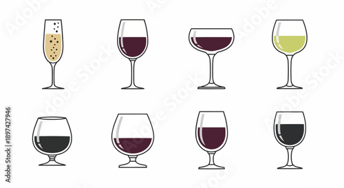 Set of vector outline icons wine champagne and spirits glasses EPS10 Stock.eps