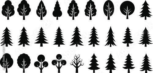 Collection of black tree silhouette icons featuring pine, fir, and deciduous forest shapes, minimalist vector illustration set for nature, ecology, landscape, and design projects