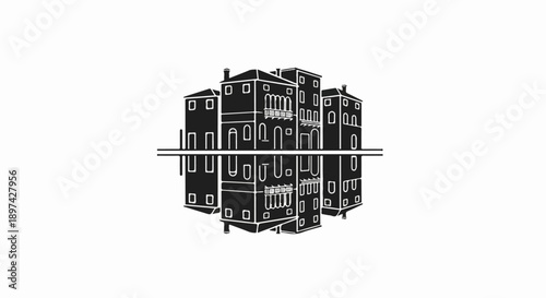 Silhouette of buildings reflected in water, a minimalist design