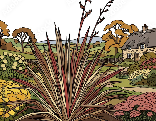 A rustic stone cottage with a thatched roof, set within a vibrant, autumnal garden