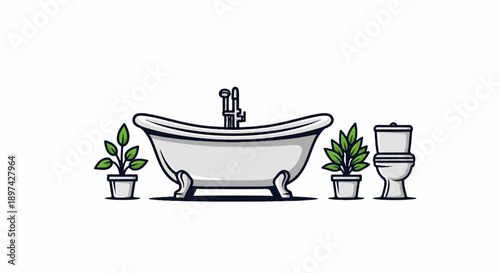 A bathtub, toilet, and potted plants create a clean, refreshing bathroom scene