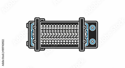 Stylized graphic of a compact audio tape with a distinct tread pattern on its spool