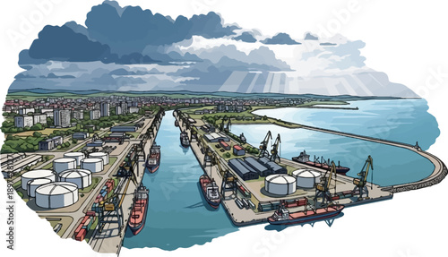 Illustration of a bustling port with cargo ships, cranes, storage tanks, and city skyline