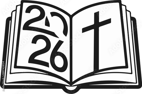 Open book with religious symbols and numbers