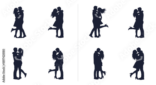 Vector Silhouettes of Loving Couples Embracing and Kissing EPS10 Stock.eps