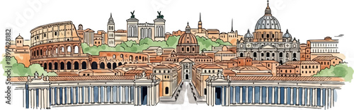 Artistic sketch of iconic Roman landmarks, including the Colosseum and St. Peter's Basilica, rendered in watercolor and ink