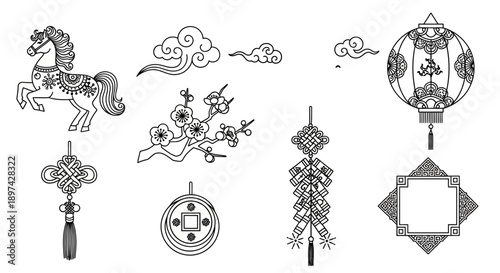 Black and white illustration of traditional chinese auspicious symbols and designs