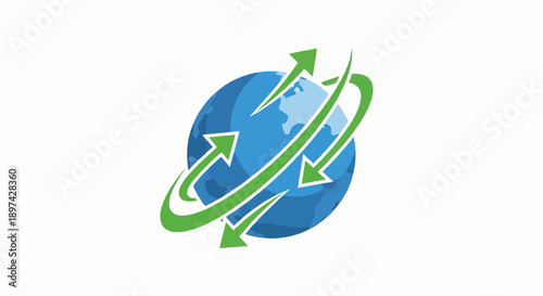 Blue globe with green orbiting arrows signifying global movement and connectivity