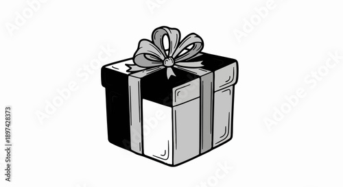 A stylized gift box with a ribbon and bow, rendered in a black and white sketch-like style