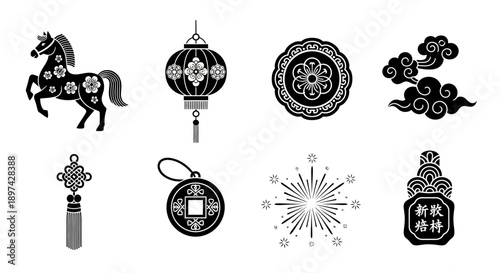 Black and white illustrations of chinese new year decorative elements