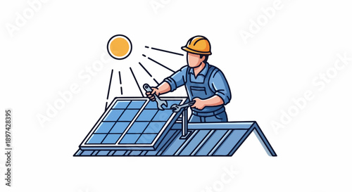 A worker in blue overalls and a yellow hard hat installs solar panels on a roof