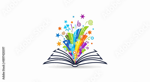 Open book with colorful bursts of stars and swirls emanating from pages