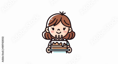 Cute cartoon girl holding a birthday cake with lit candles, smiling warmly