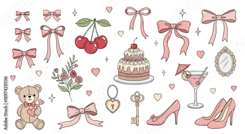A collection of pastel pink illustrations featuring bows cherries cake and accessories