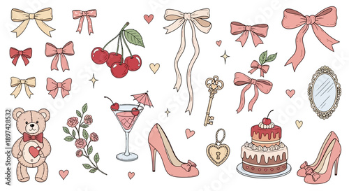 A collection of whimsical illustrations bows cherries and charming decorative items