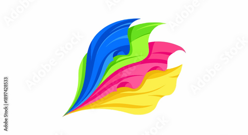 Abstract, flowing ribbons of vibrant colors, blue, green, pink, and yellow, cascade outwards