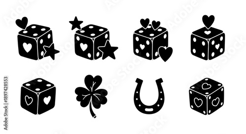Black silhouettes of lucky charms and dice with heart and star details