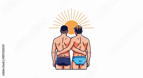 Two men embrace, backs to viewer, with a stylized sun shining